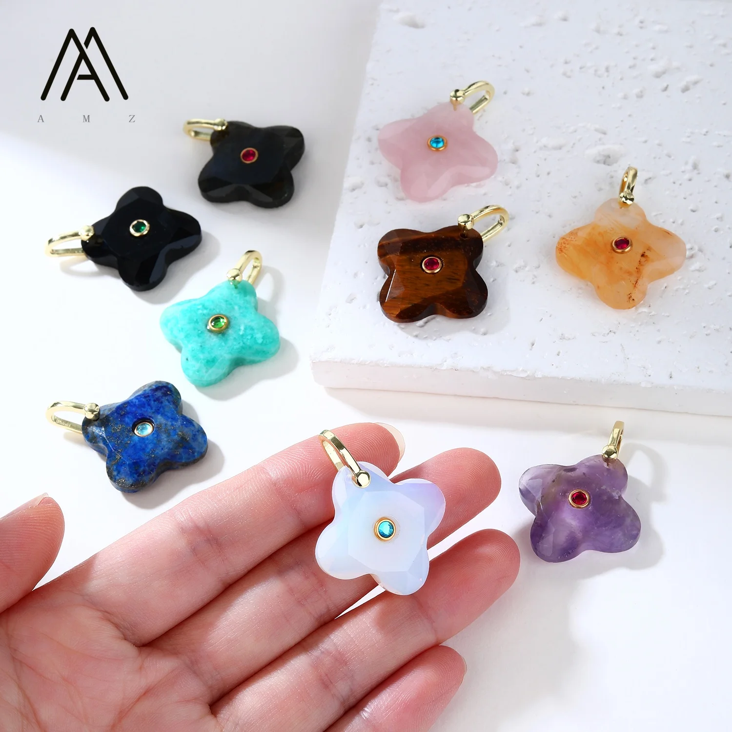 1/3/5/10pcs CZ Natural Stone Flower Charm Four Leaf Clover Pendant Gold Plated DIY Necklace Bracelet Jewelry Making Supply