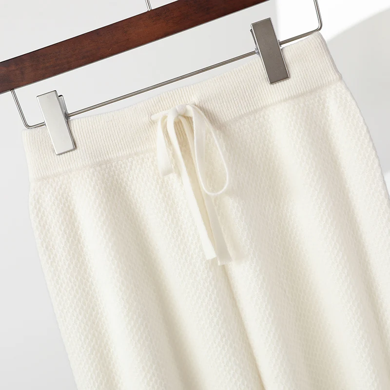 ผู้หญิงแคชเมียร์กางเกงขากว้างฤดูใบไม้ร่วงฤดูหนาว Basic Soft Casual Sashes กางเกงขนสัตว์ Merino 100% เสื้อถักรังผึ้งเข็มกางเกง