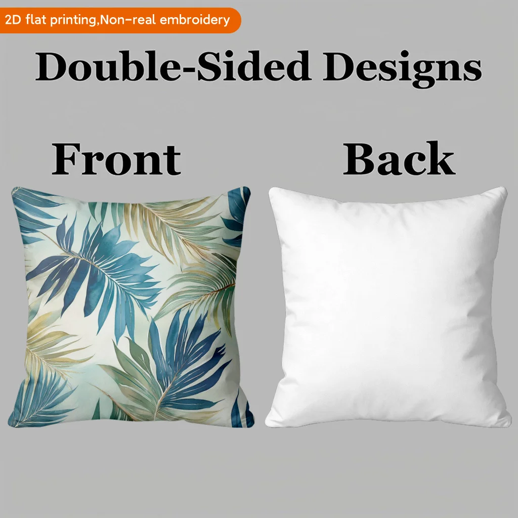 Set of 4 Tropical Botanical Print Pillow Covers Blue Green Leaf Pattern Cushion Throw Pillow Home Decor Accent Fake Embroidery S