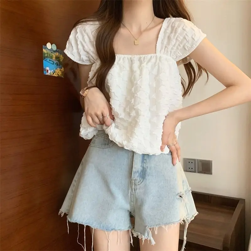 Women\'s Clothing 2023 Casual Korean Summer Thin Cute Sweet Young Style Pleated Solid Square Collar White Black Sleeveless Camis