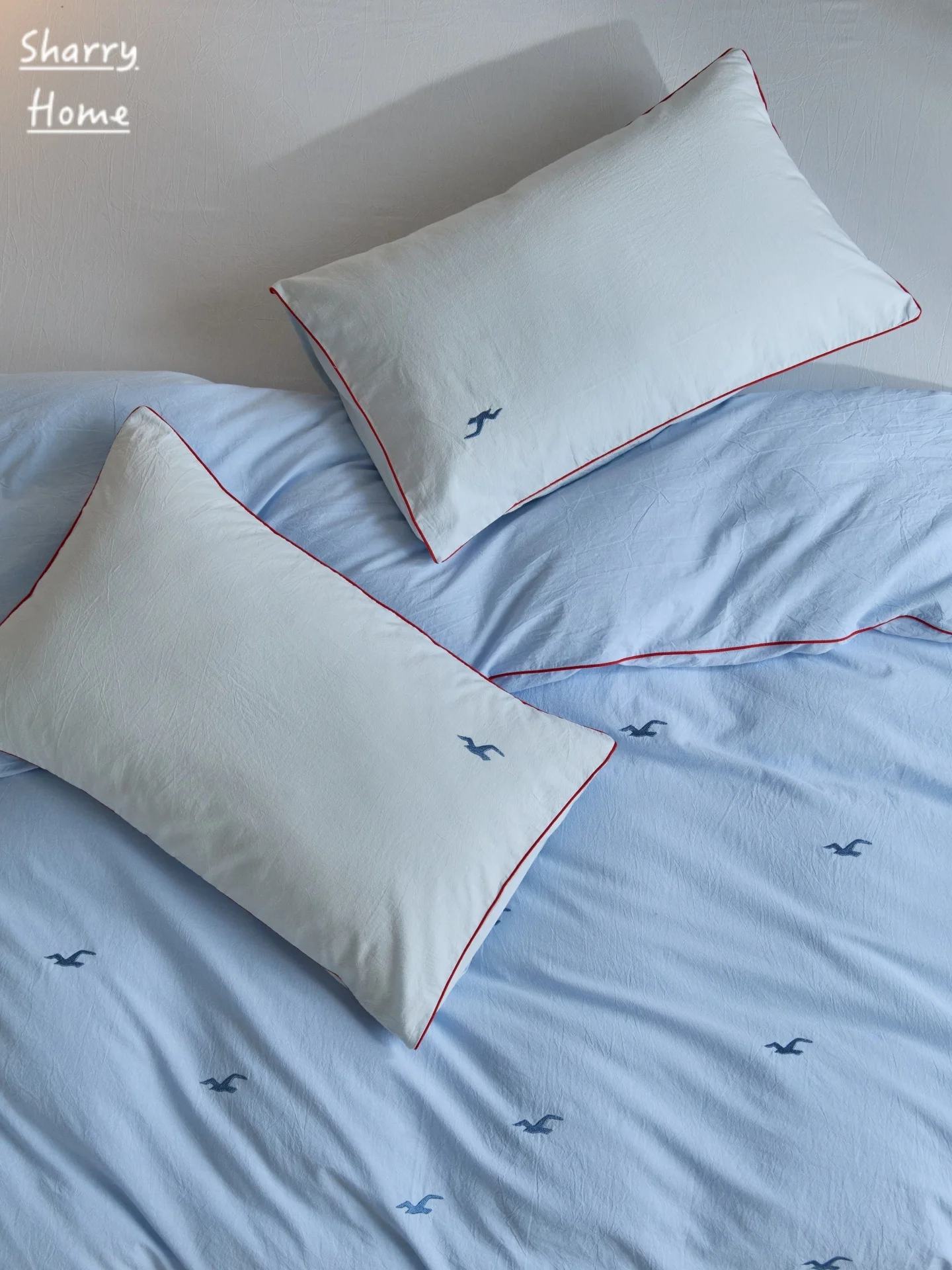 Blue Cotton Bedding Set 4pcs Embroidered Seagull Washed Rope Embedded 100% Cotton  Style Bed Sheet Cover Duvet Cover