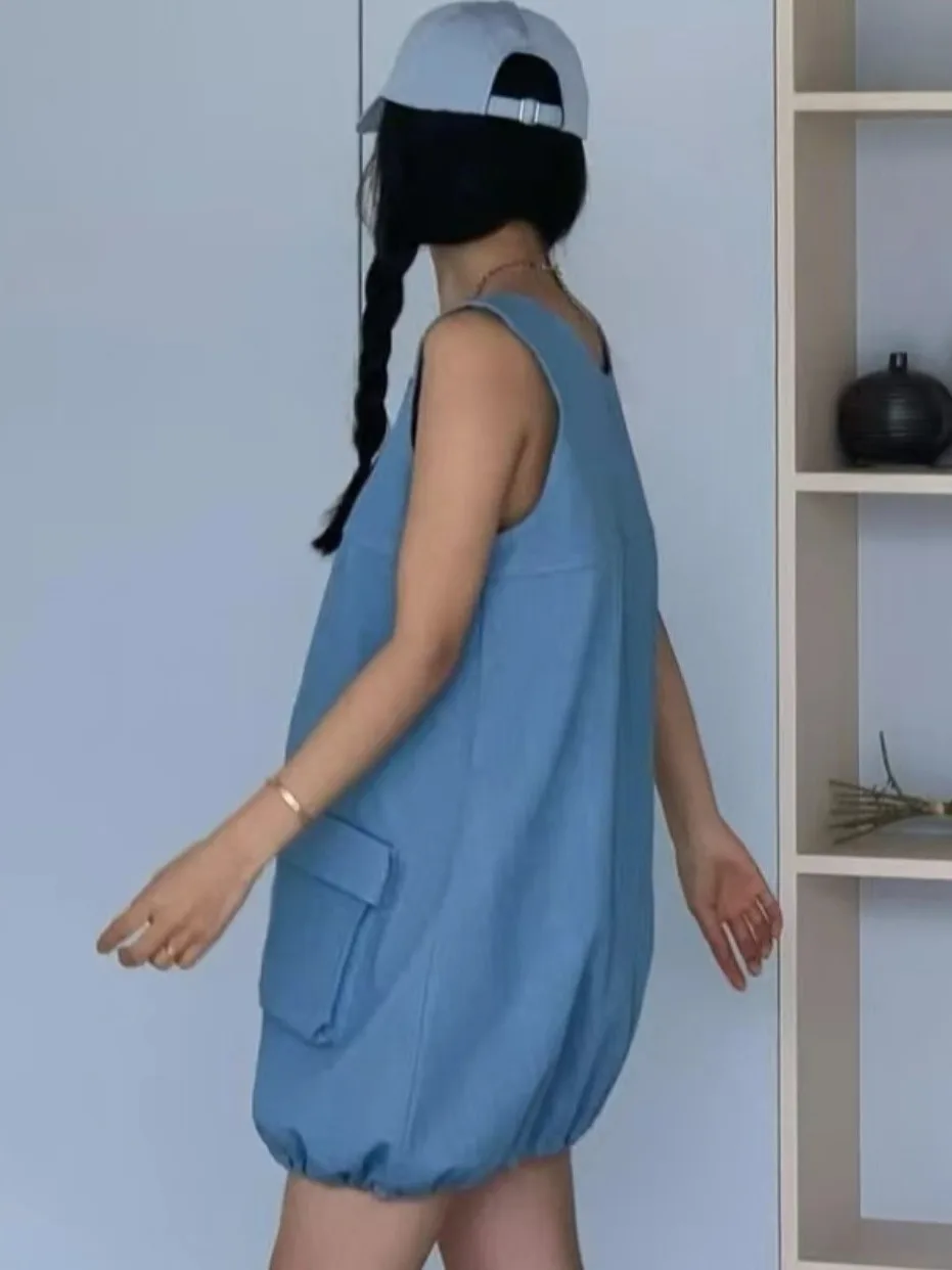 Vestido vaquero e Vintage de verano con cuello redondo y diseño de bolsillo, ceco sin mangas con cordón, Falda cort...