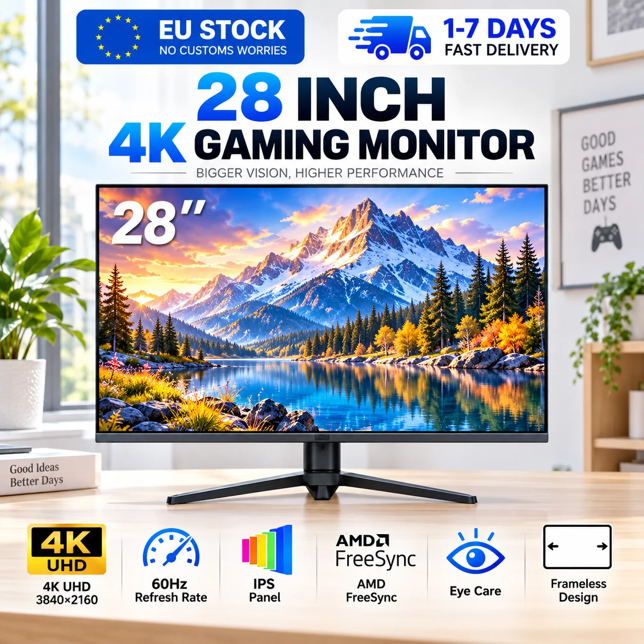 Monitor da gaming Crua Gf005 28", 4K UHD, schermo IPS 3840×2160, display PC 60Hz con AMD FreeSync, design senza cornice, tecnologia per la protezione degli occhi, monitor piatto per gaming, lavoro