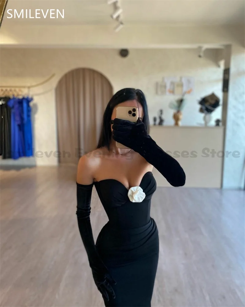 

Smileven Black Mermaid Prom Dress Sexy Flower Applique Stapless Evening Gowns Backless Cocktail Party Dresses Customized Gift