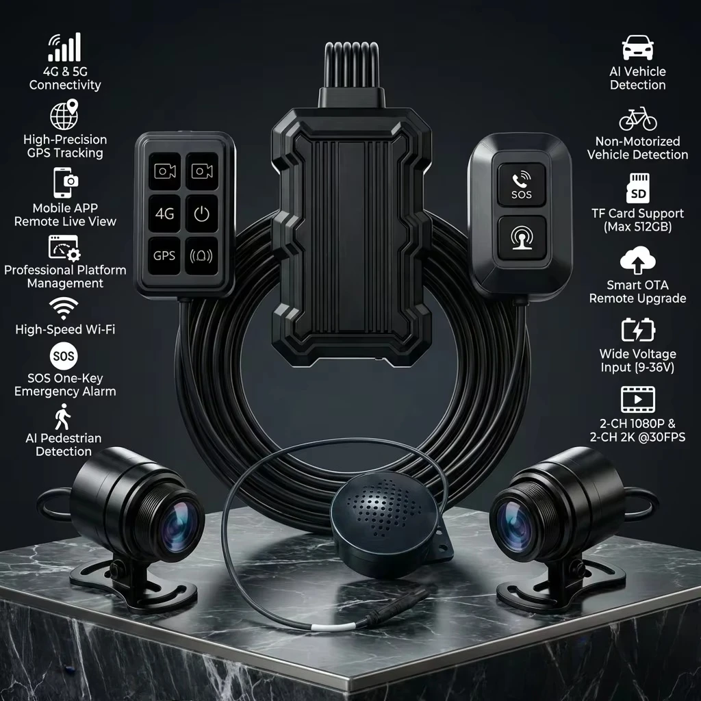 The 4G Al 2K dual-lens motorcycle dashcam supports GPS, ADAS, DMS APP, remote viewing, waterproof night vision features view 2