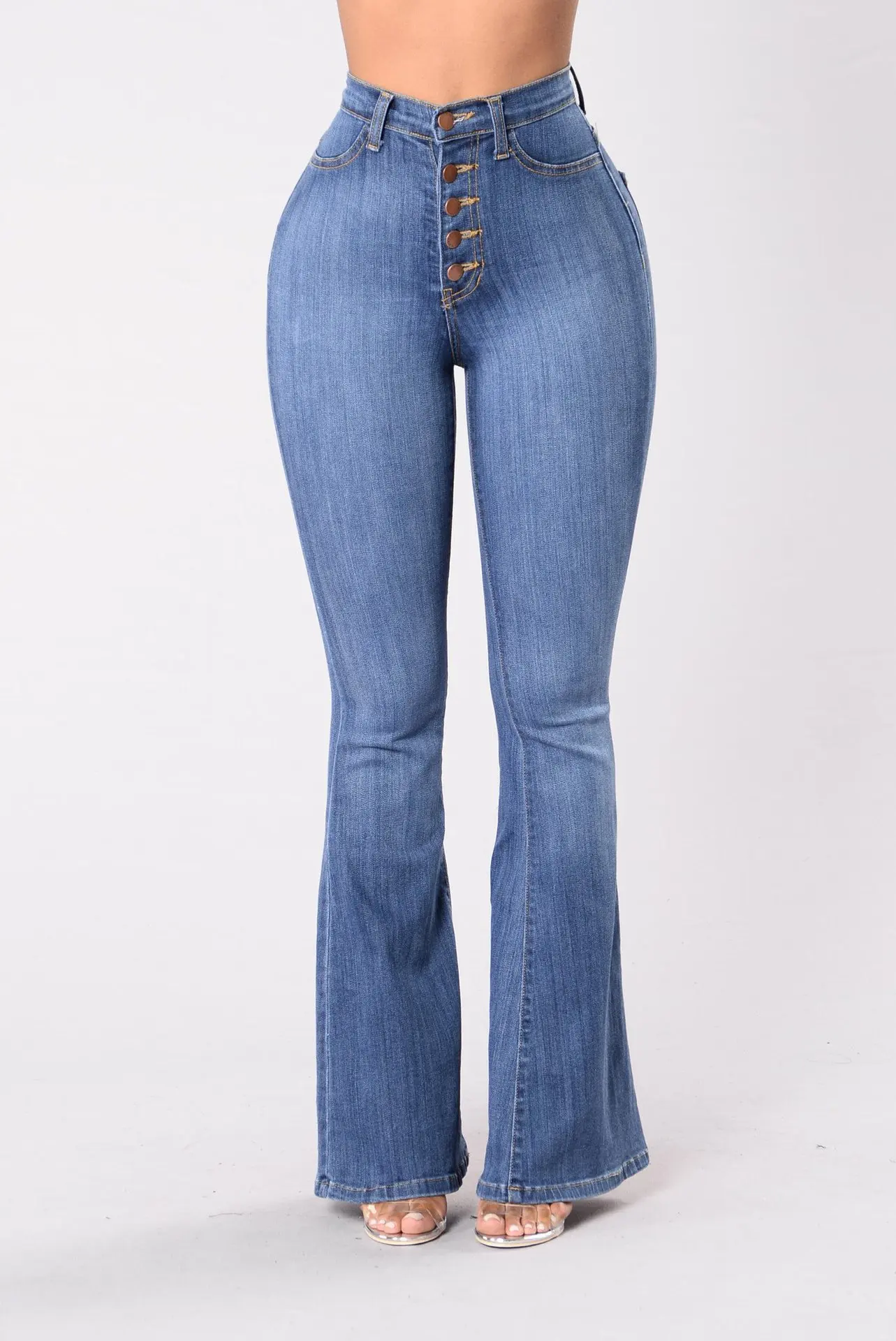 Sommer neue hoch taillierte Retro Flare Mode vielseitig sexy lässig reine Farbe einfache Temperament Frauen Jeans