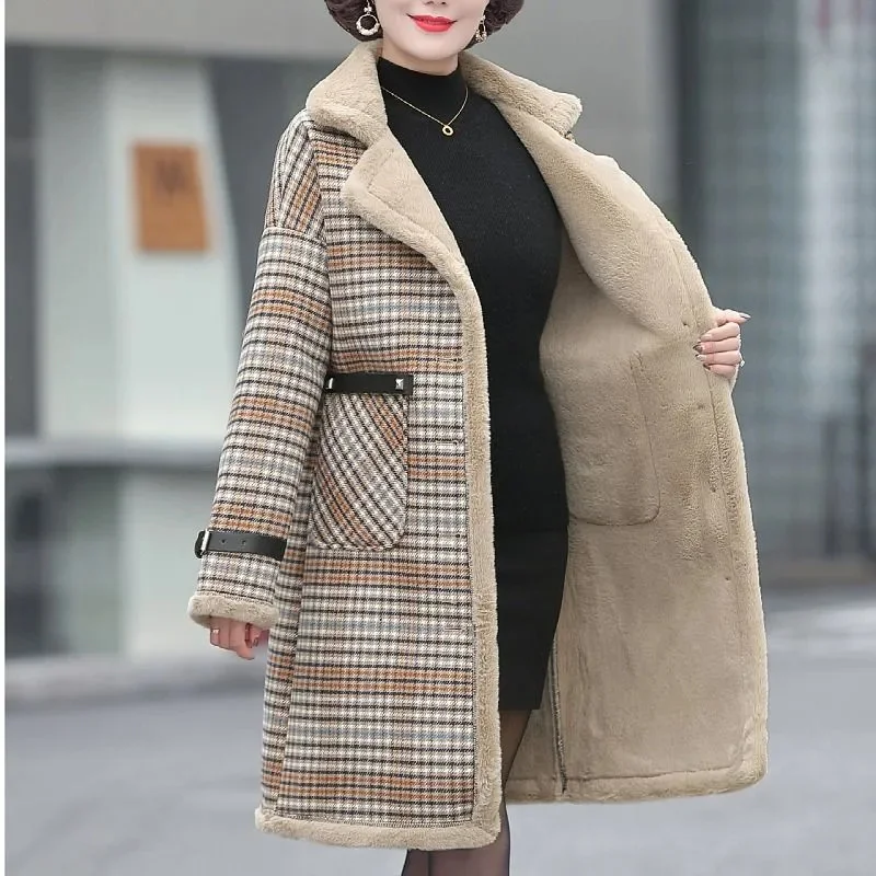 Mother Winter Woolen Coat Women's Warm Autumn Winter Plus Velvet Padded Plaid Outerwears Coats Single-Breasted Long Overcoat