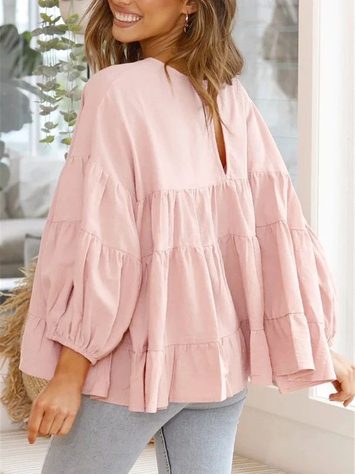 2024 Summer Women\'s Oversize Shirts and Blouses New Puff Sleeve Loose Fit Shirt for Women Solid Color O Neck Tops Blusas Mujer