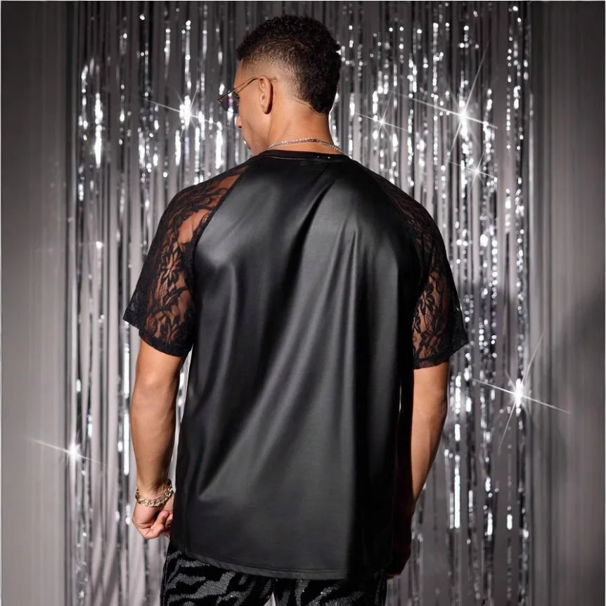 New Men's Short-sleeved Lace Splicing Patent Leather Sexy Nightclub Style Men's T-shirt Top