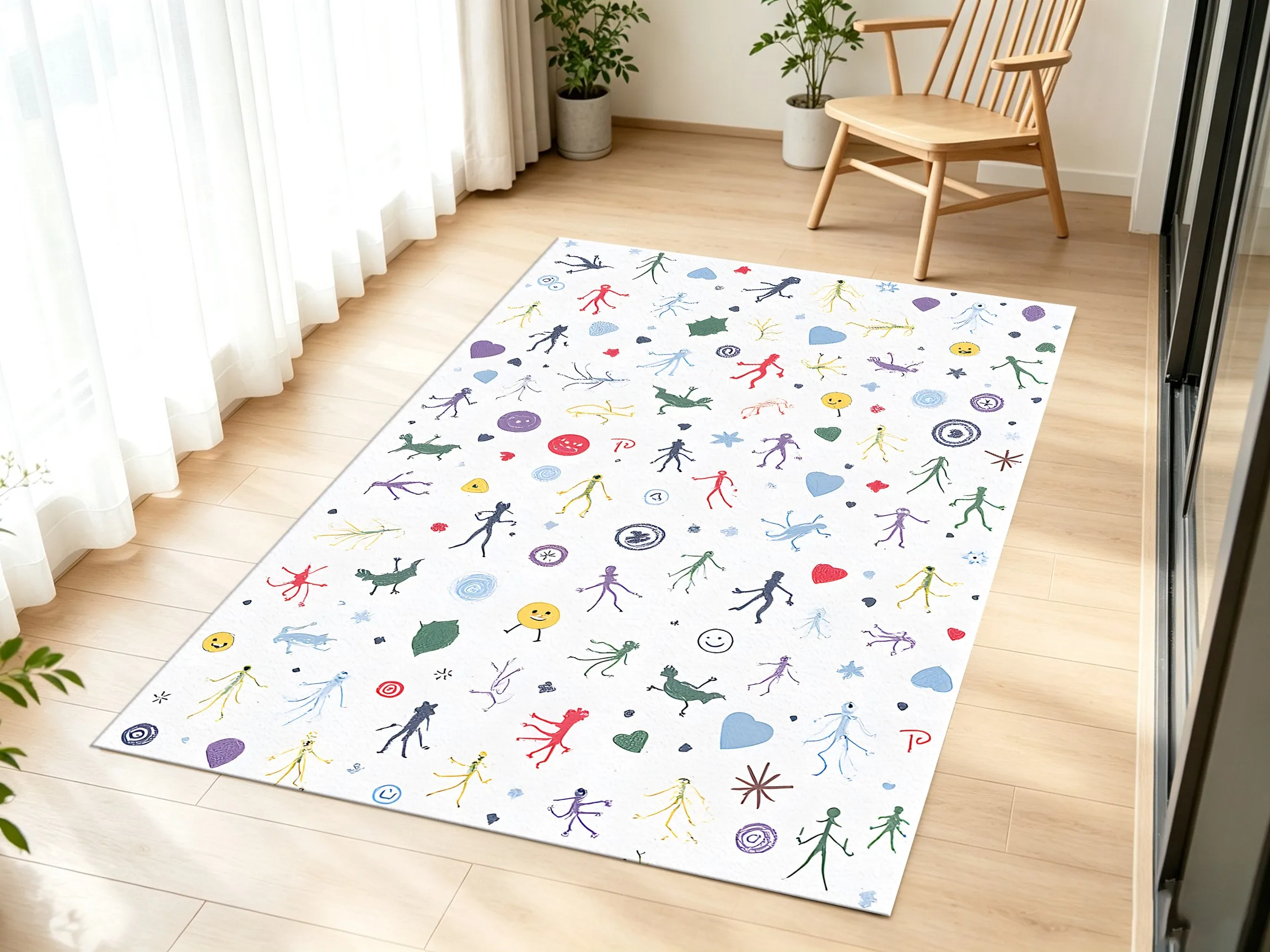 Colorful Stick Figure Doodle Velvet Rug, Lively Healing Decor for Children's Room, Bedroom & Play Area