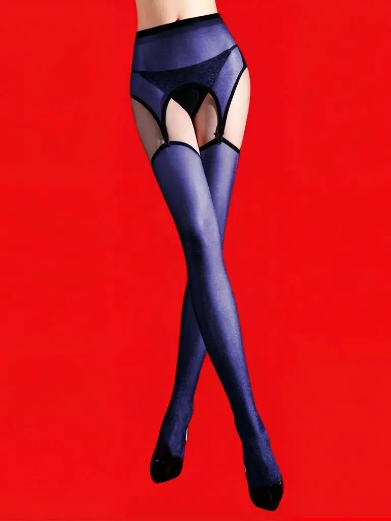 Women's Detachable Garters With Stocking Sexy Oil Shiny Glossy Sheer See Through Woman Package Hip Skirts Sets Tights