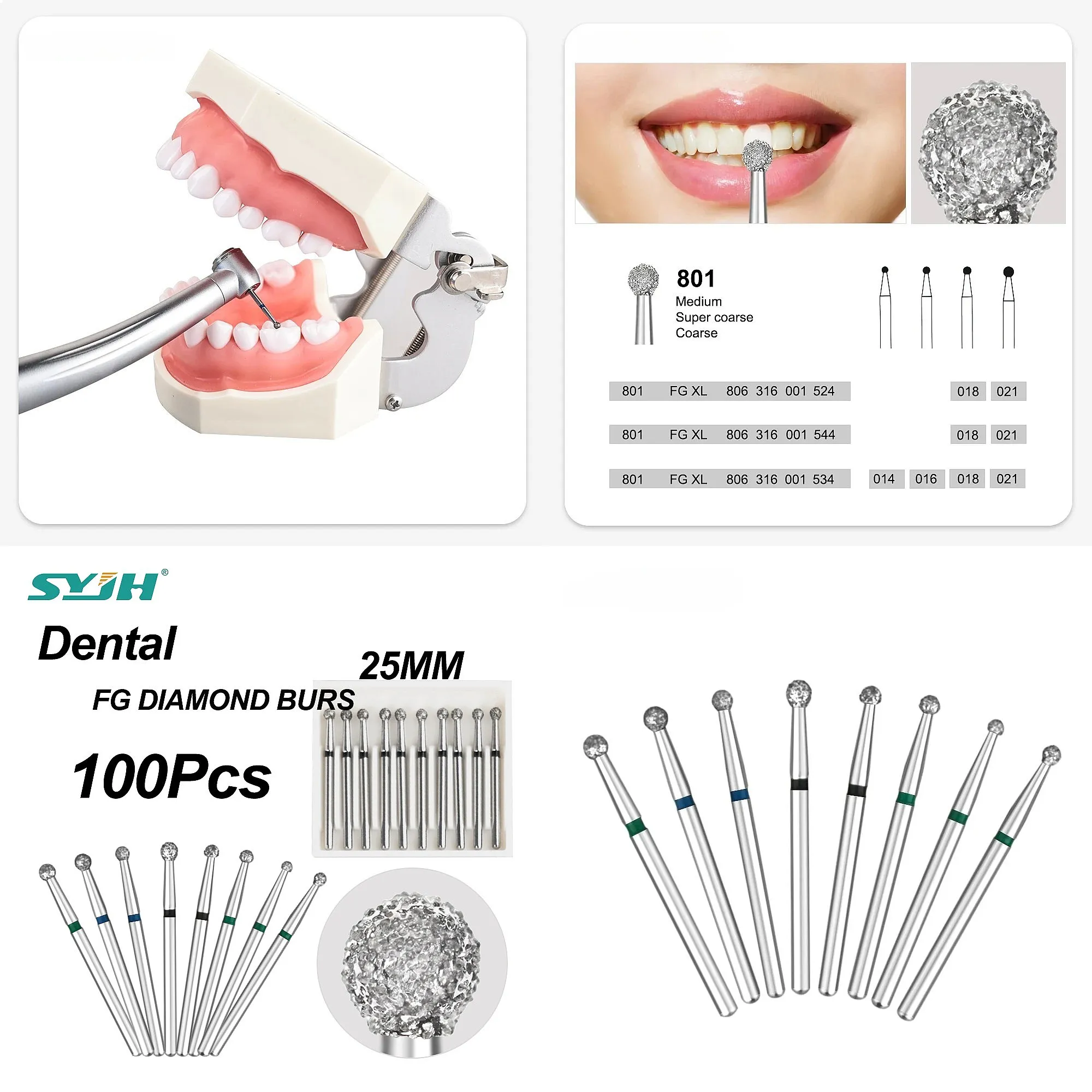 100Pcs Dentals Lengthening Diamond Burs High Speed Handpiece 25mm Wear Resistant Dentistry Polishing Tools