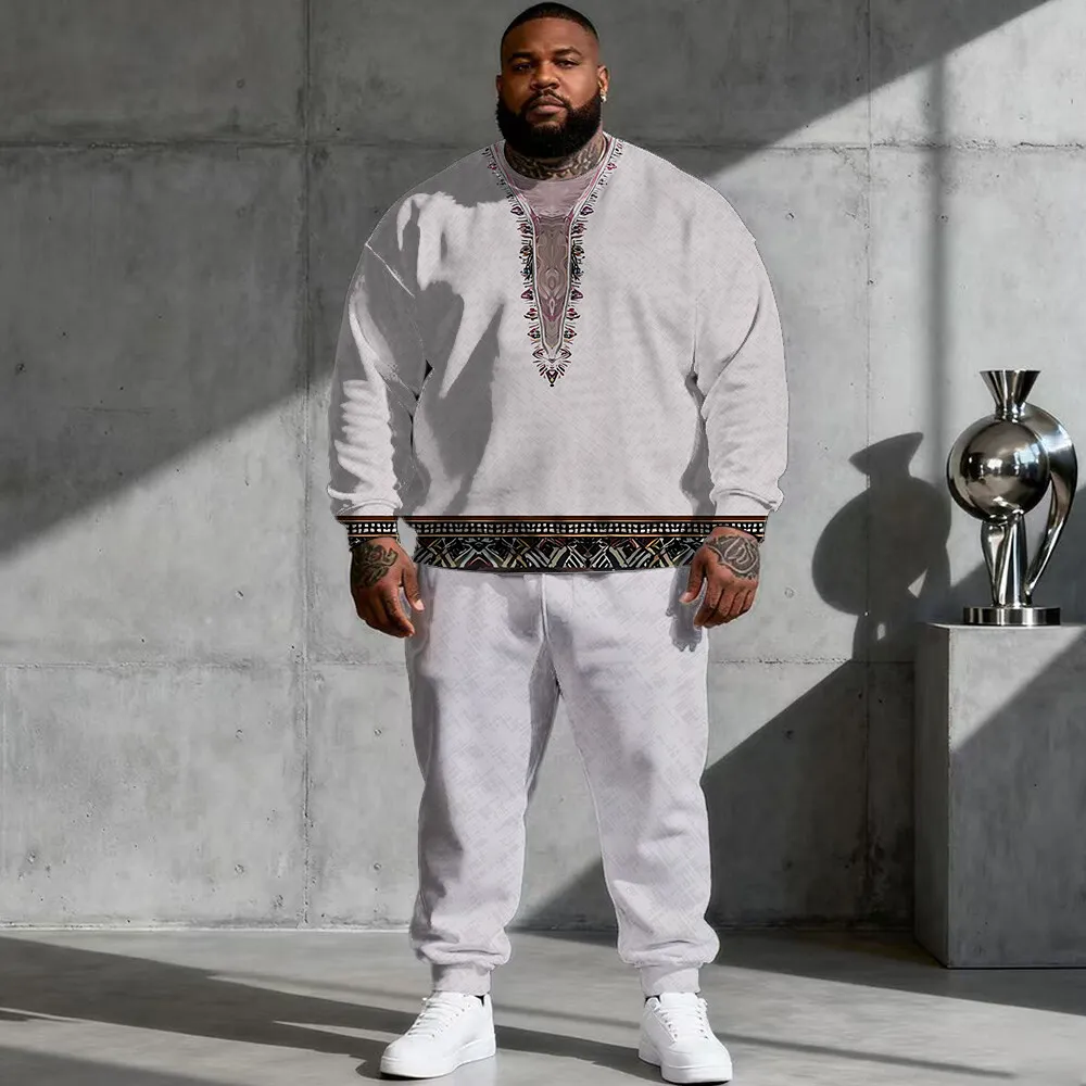 

S-9xl Комплект толстовок больших размеров с капюшоном большого и высокого размера с этнической атмосферой — модный из двух предметов, из дышащего материала, ретро-племенный дизайн