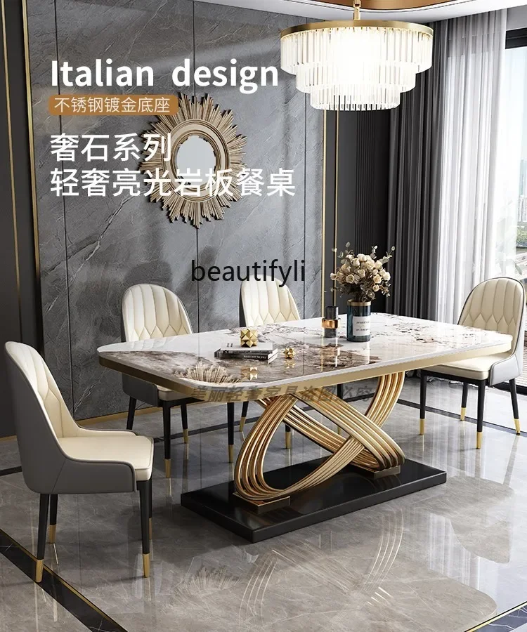 

Italian rock slab dining table and chair combination modern simple rectangular small apartment light luxury marble dining table