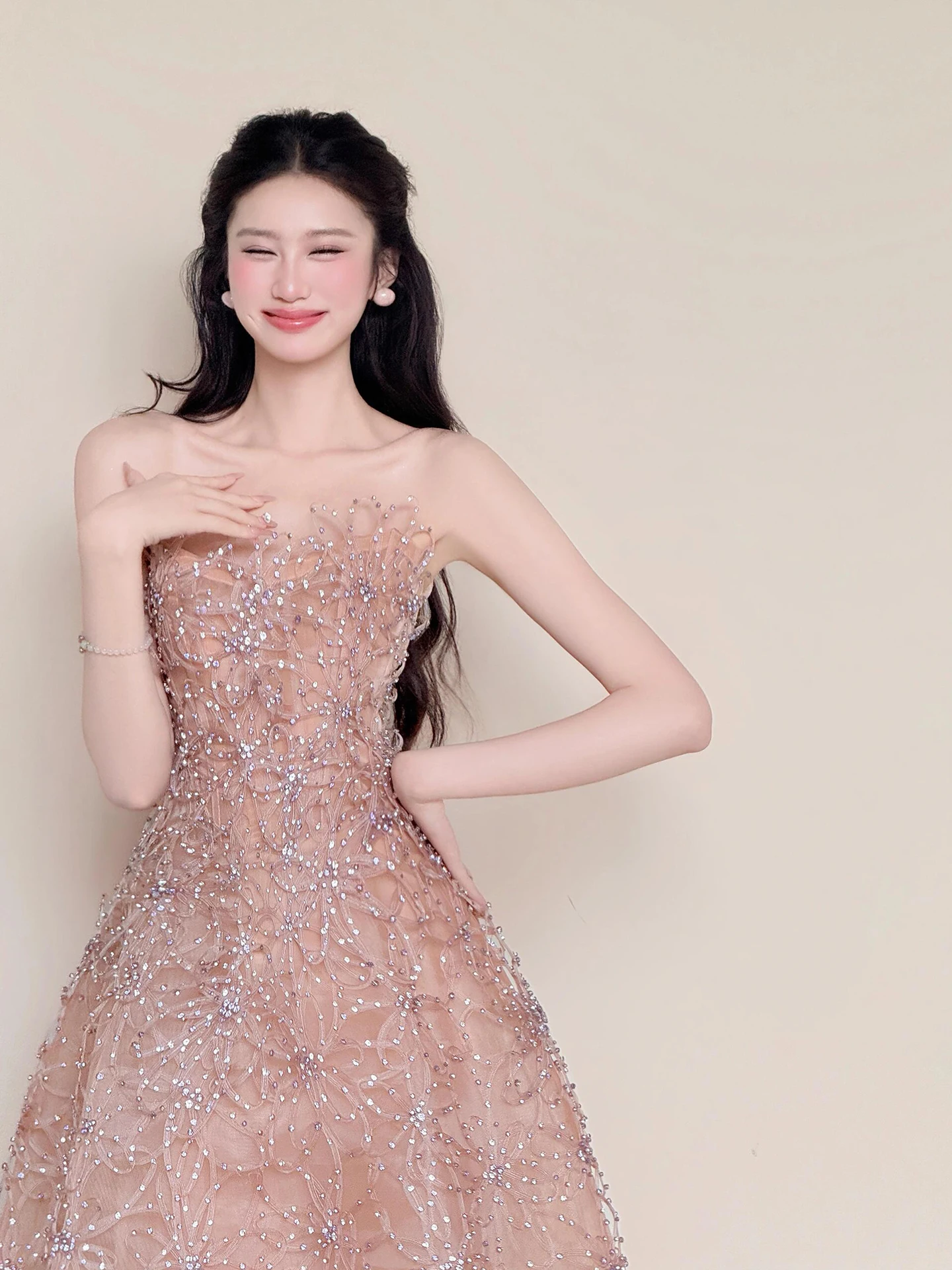 Elegant Bridal Gown Women's High Waist Long Dress Sweet Style Beaded Evening Dress Perfect for Wedding Party Performance