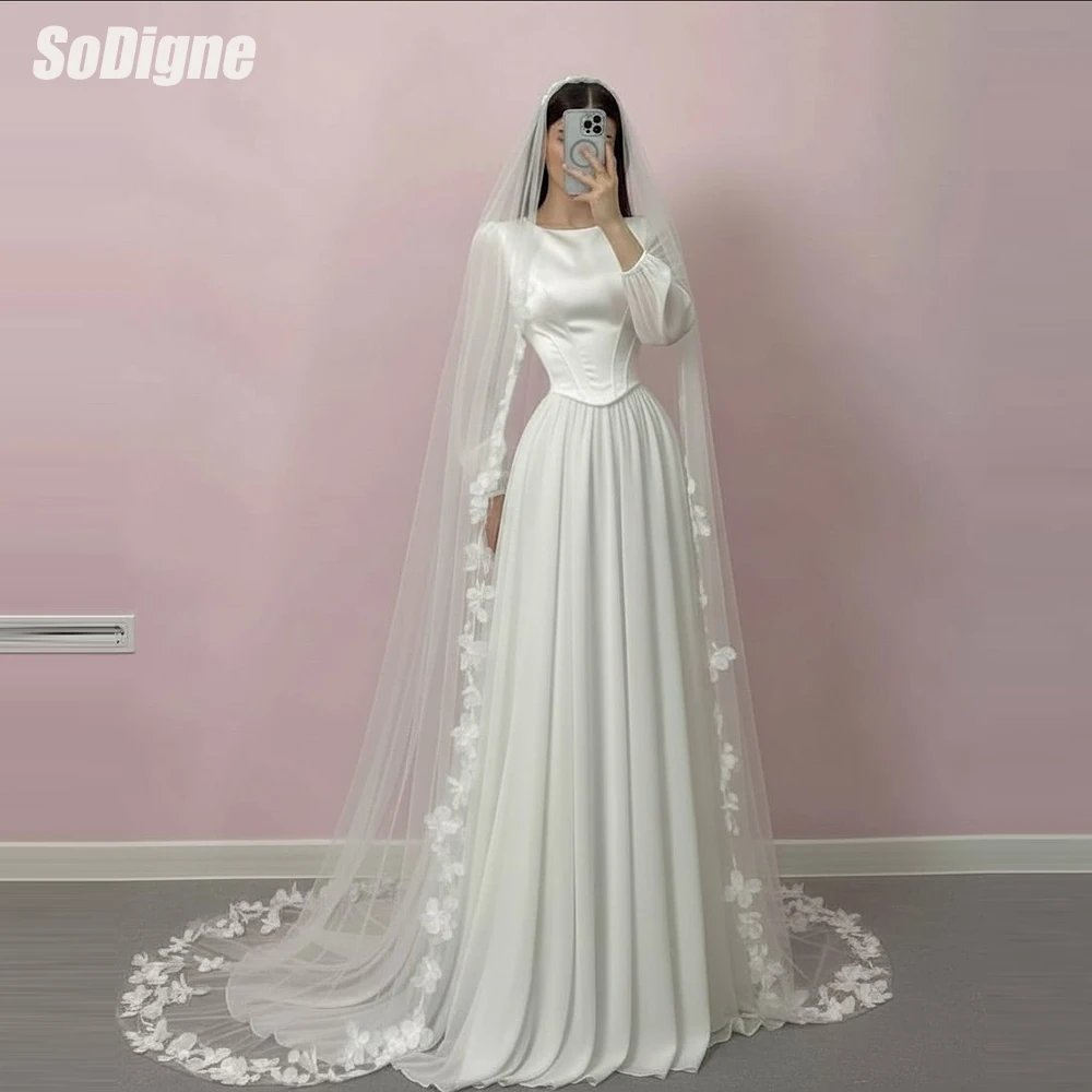 

﻿ SoDigne A-line Chiffon/Satin Wedding Dresses 2026 O-neck Long Sleeves Bridal Dress Bride Gown vestidos de novia Customized