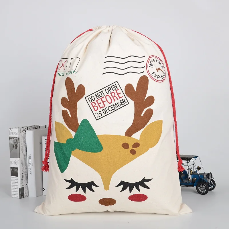 Bolsa de regalo de Navidad con estampado de logotipo personalizado, bolsa de lona de algodón y poliéster, lisa, a granel, Papá Noel, compras