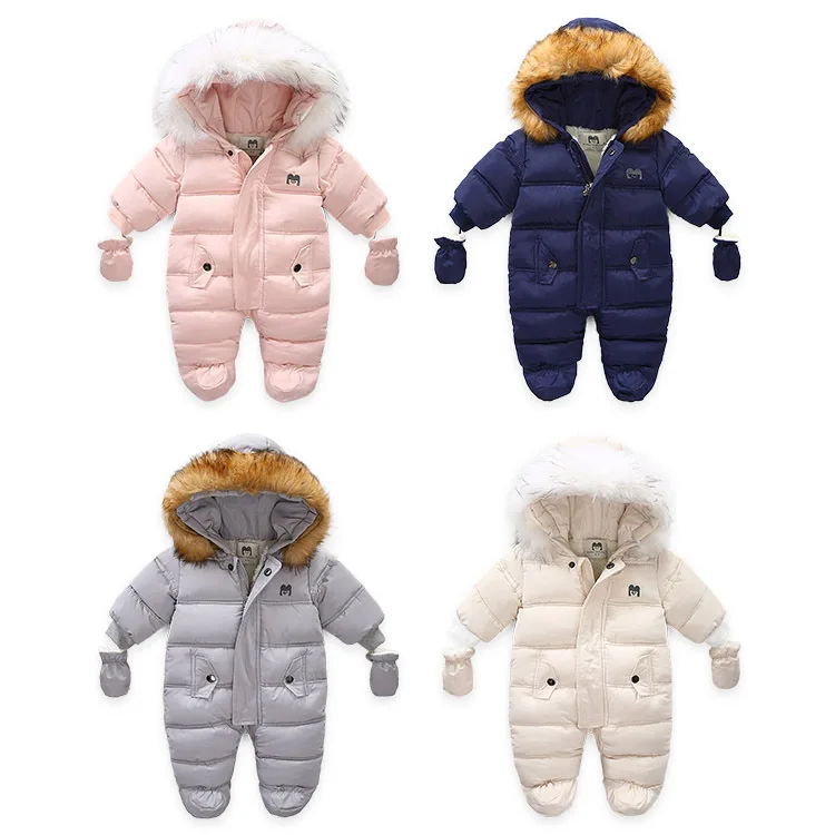 

2025 Winter Baby Jumpsuit Plus Velvet Warm Hooded Newborn Baby Girl Overalls 0-2 Years Infant Boy Snowsuit Toddler Romper Outfit