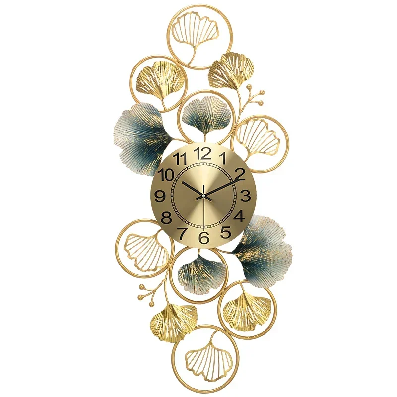 Chinese Luxury Wrought Iron Ginkgo Leaf Wall Clock Home Livingroom Wall Hanging Decoration Porch Background Wall Sticker Crafts