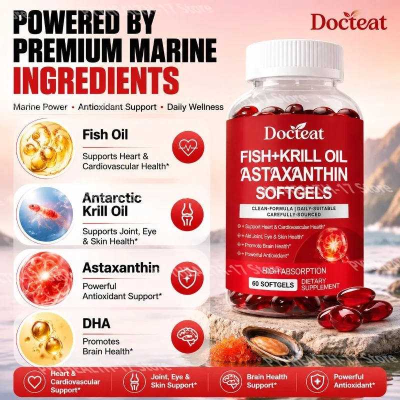 Docteat Fish + Krill Oil Astaxanthin Softgels High Absorption Support Joint Eye & Skin Health Promote Brain Health 60 Softgels - view 2