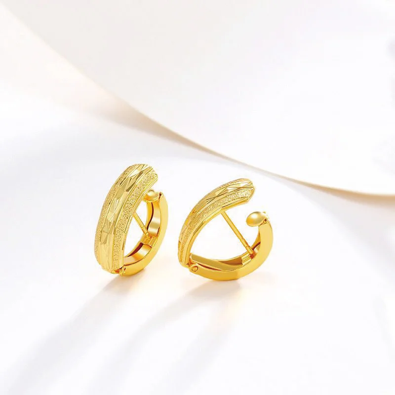 Engraving No Stone Hoop Earrings for Women Fashion Jewelry Pure Gold Color