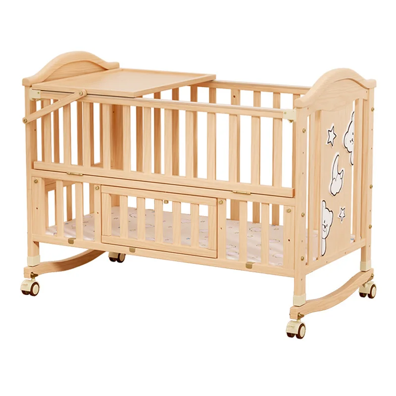 

Crib Solid wood unpainted crib Multifunctional bb Newborn children splicing large bed Cradle