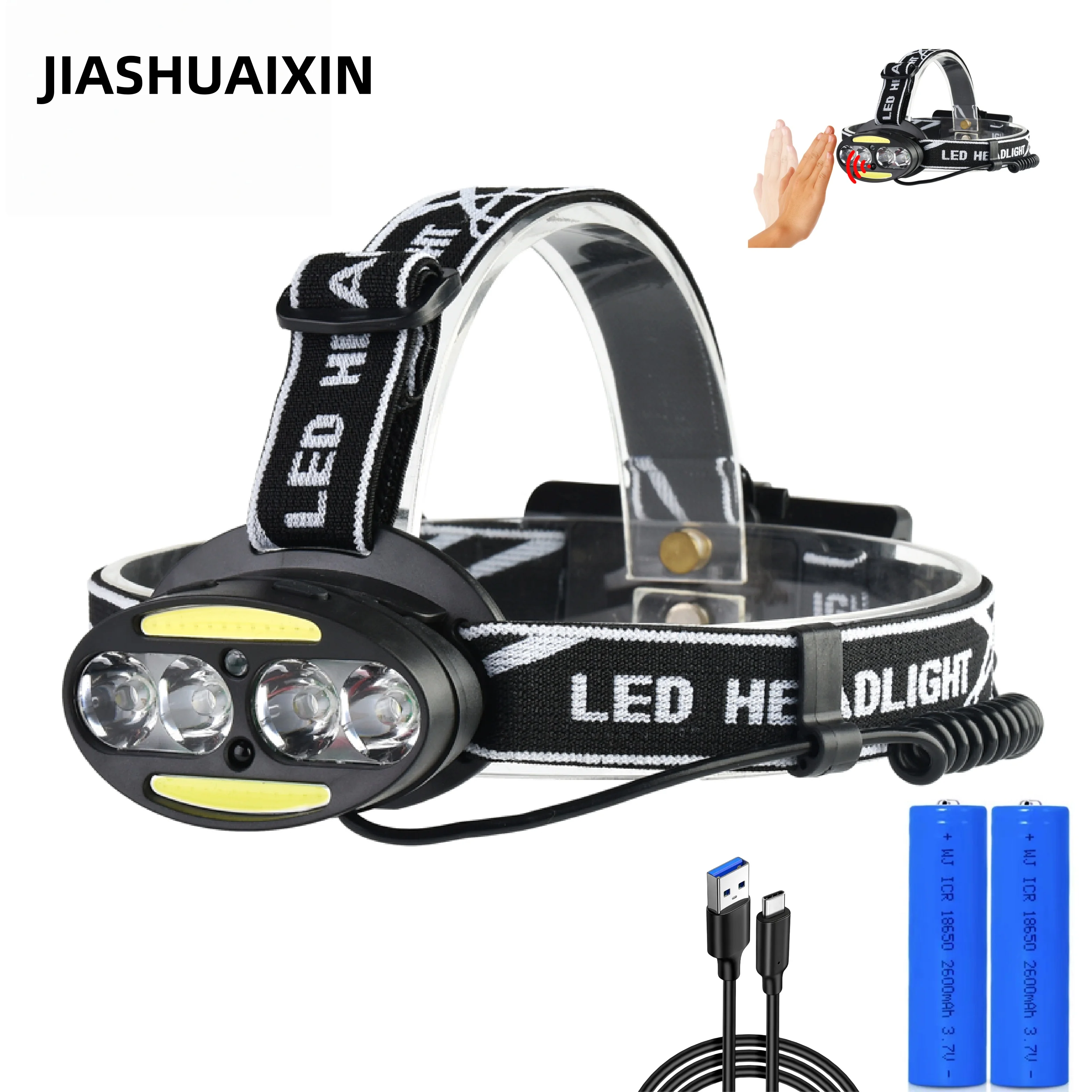 JIASHUAIXIN Inductive Motion Sensor Headlamp Super Strong LED Headlamp 4T6 2COB Flashlight Outdoor Camping Fishing