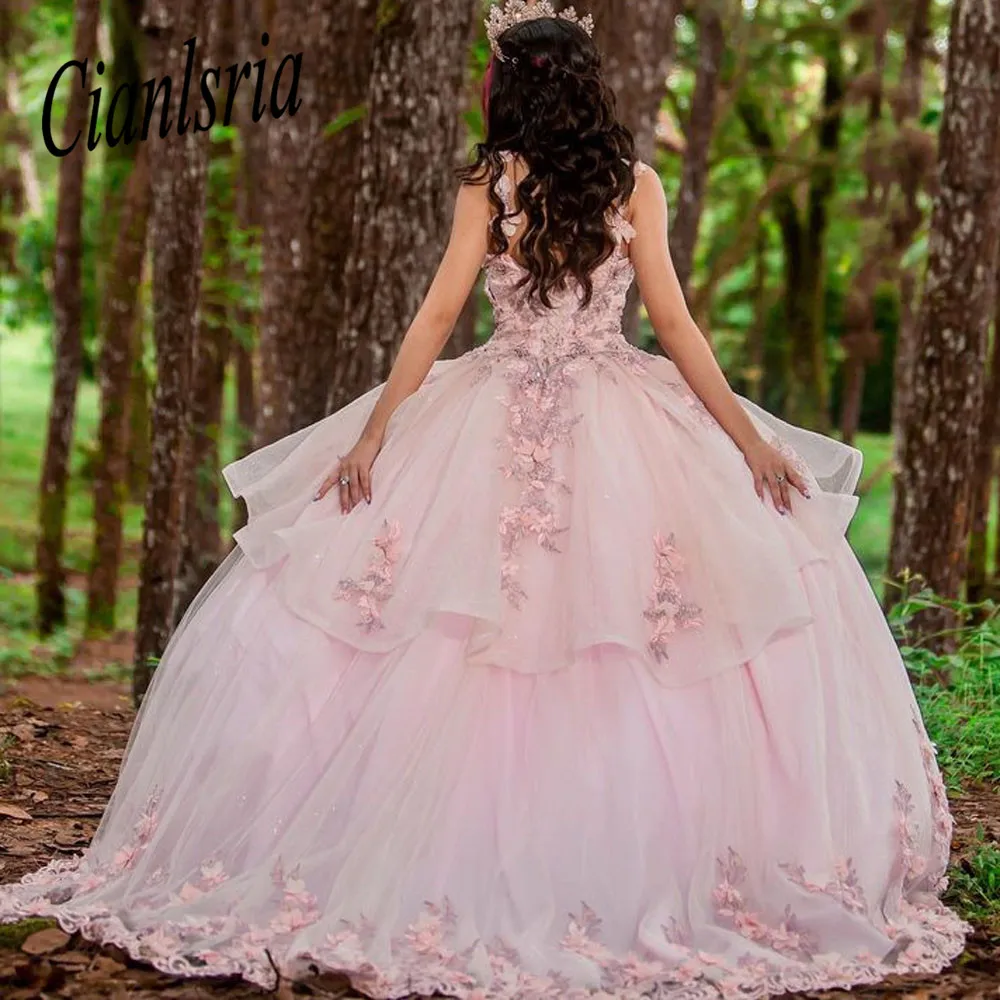 Pink Princess Quinceanera abiti 2022 formale Luxury Party perline Appliques di pizzo dolce 15 Dress Graduation Ball Gwon Prom Gowns