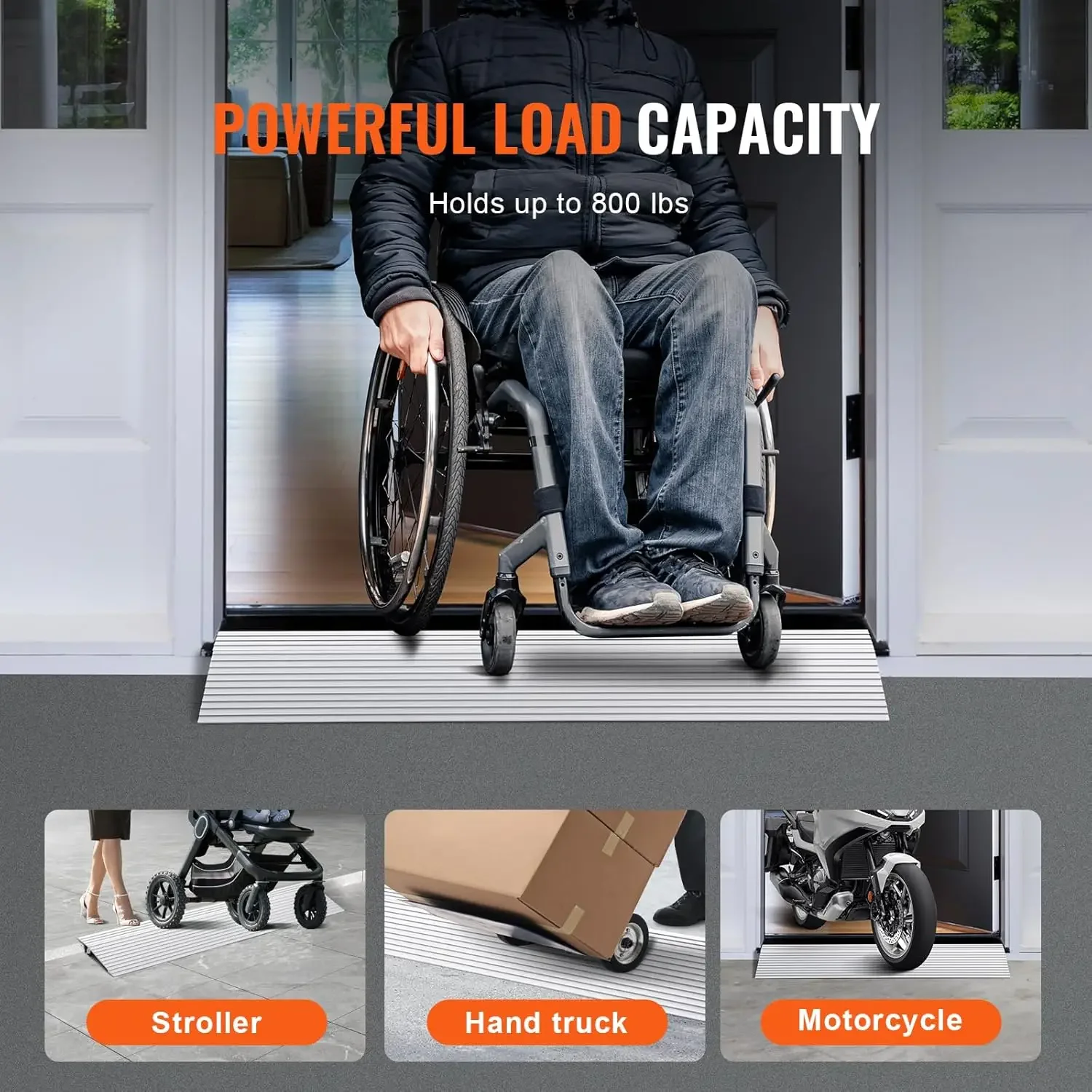 Door Threshold Ramp, 1" Rise Door Ramp for Wheelchairs, Aluminum Threshold Ramp for Doorways Rated 800 lbs Load Capacity