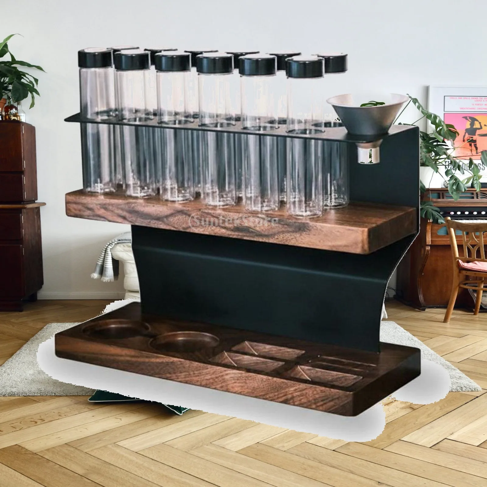 Coffee Bean Showcase Stand with Glass Tubes and Carbon Steel Frame for Coffee Maker Shelf Kitchen Cup Organizer