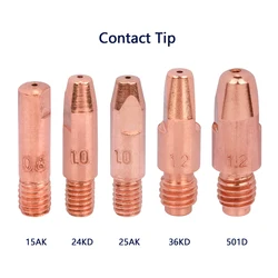 MIG-boquilla de soldadura, Conector de puntas de cobre, 15AK, 24KD, 25AK, 36KD, 501D, punta de contacto, e-cu, CuCrZr, M6 x 25, M6 x 28mm, 0,8/1,0/1,2/1,6mm