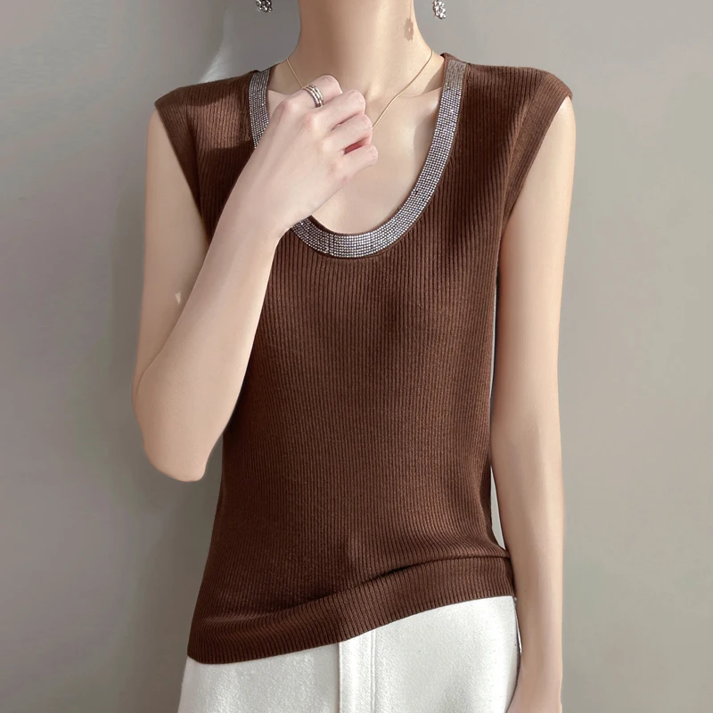 2025 Spring summer women's knitted body shirt hot drill short sleeve women's cashmere sweater sleeveless sweater pullover vest