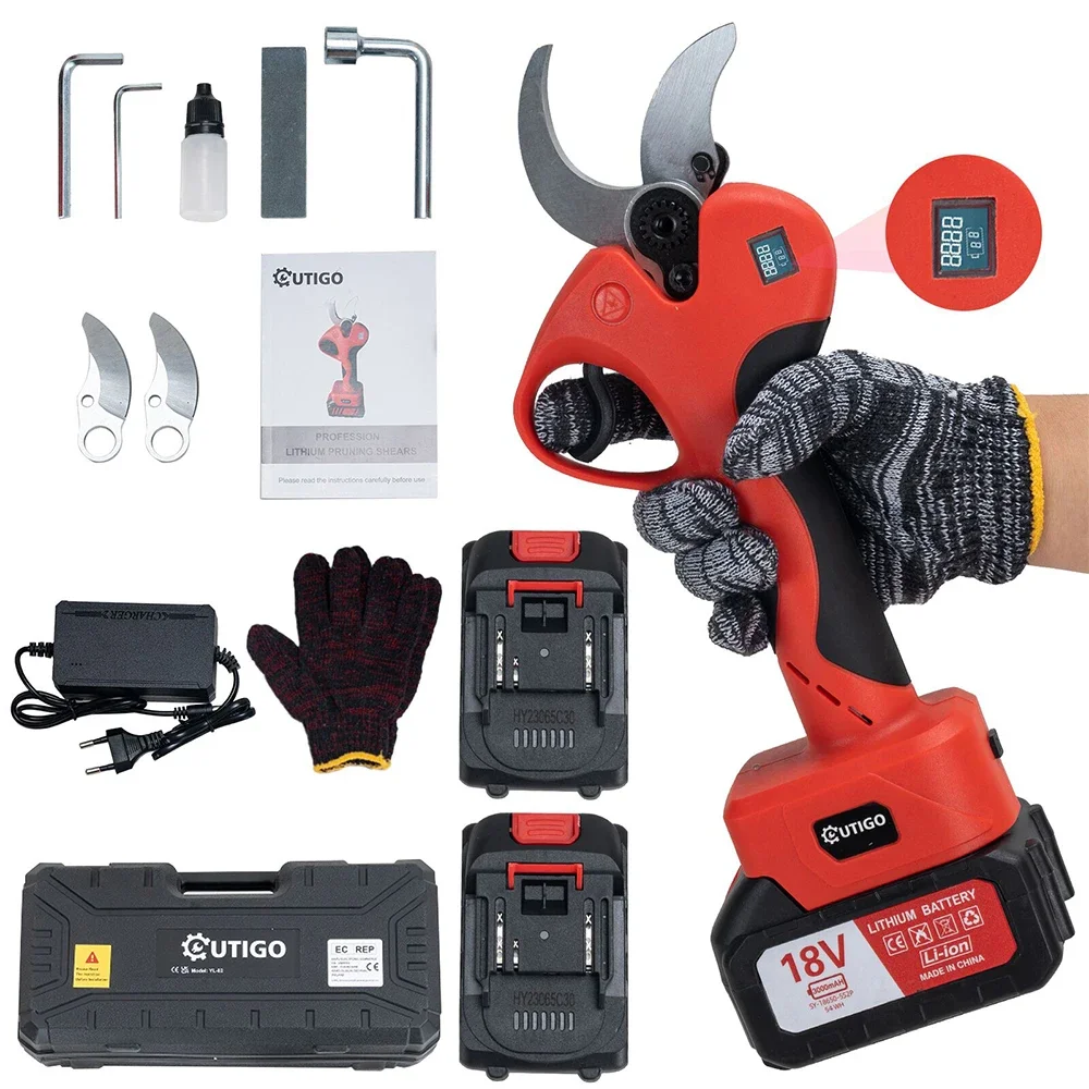 Sekator gwintów elektrycznych OUTIGO 40 mm z ekranem i 2 bateriami 3,0 Ah do drzew owocowych i winorośli