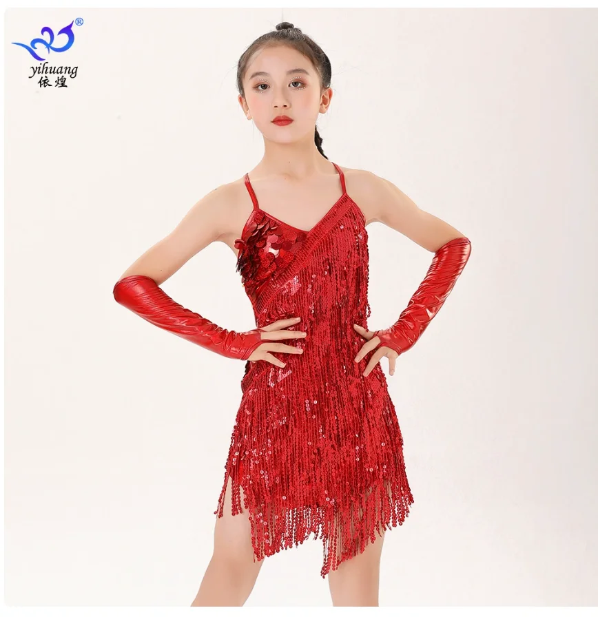 1pcs/lot sequin latin dress kid sexy halter tassel latin dress girls ballroom dancing dress 4colors