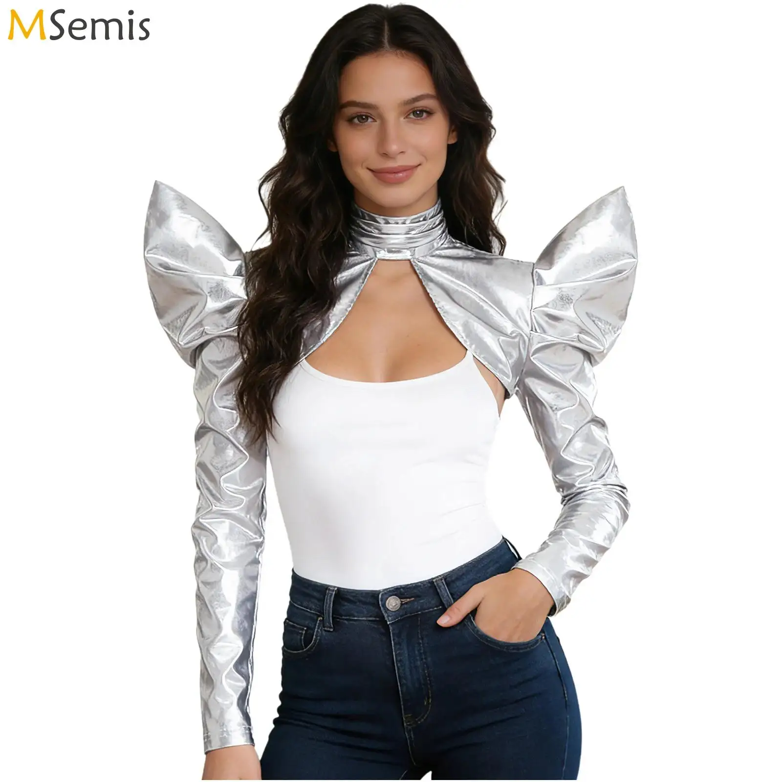 

Womens Metallic Shoulder Shawls Tops Astronaut Carnival Cosplay Costume Long Sleeve Turtleneck Back Zipper Bolero Cardigan Tops