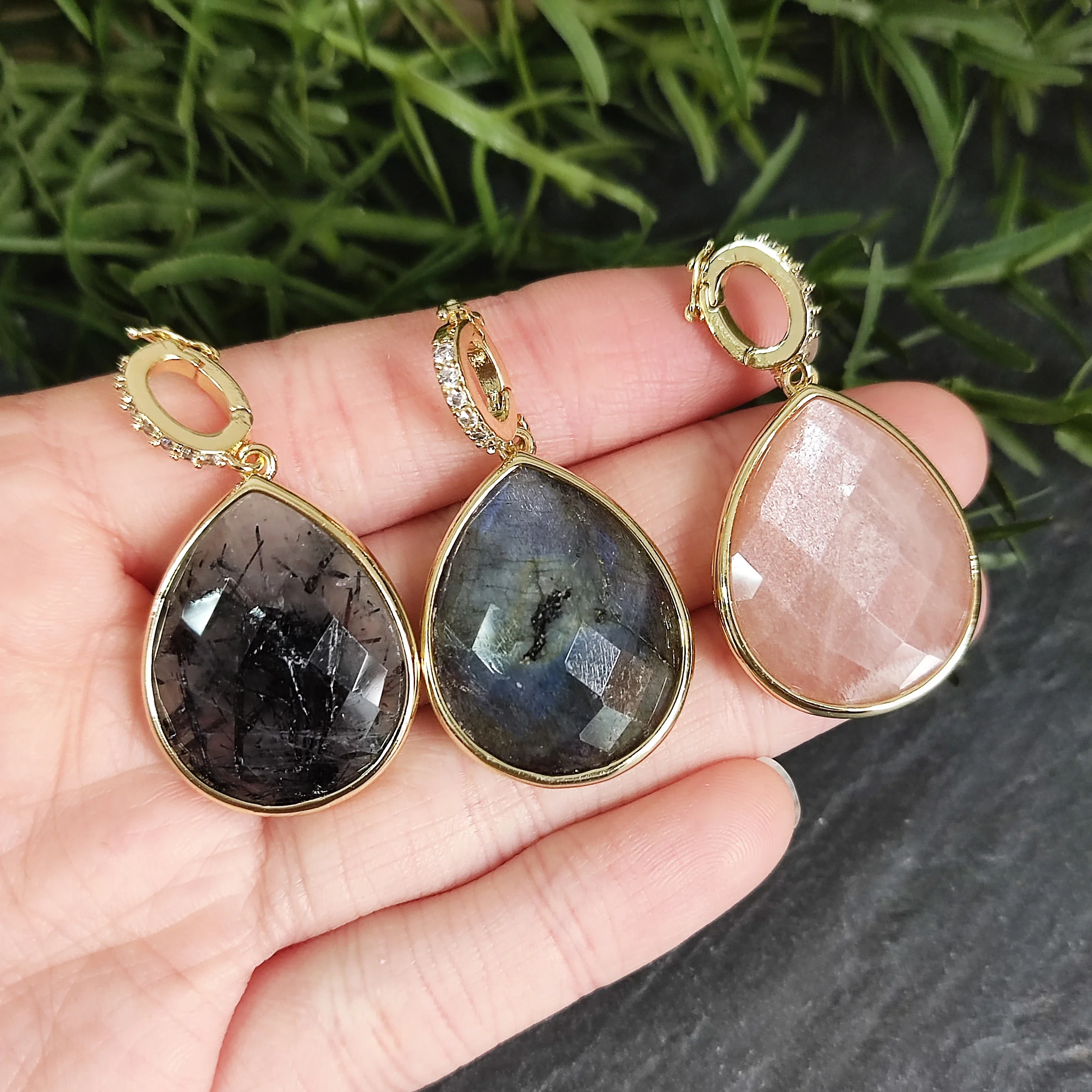 Natural Gemstone Charm Pendant, Obsidian Sunstone Amazonite Amethyst Healing Crystal Charm for Necklace, DIY Jewelry Findings