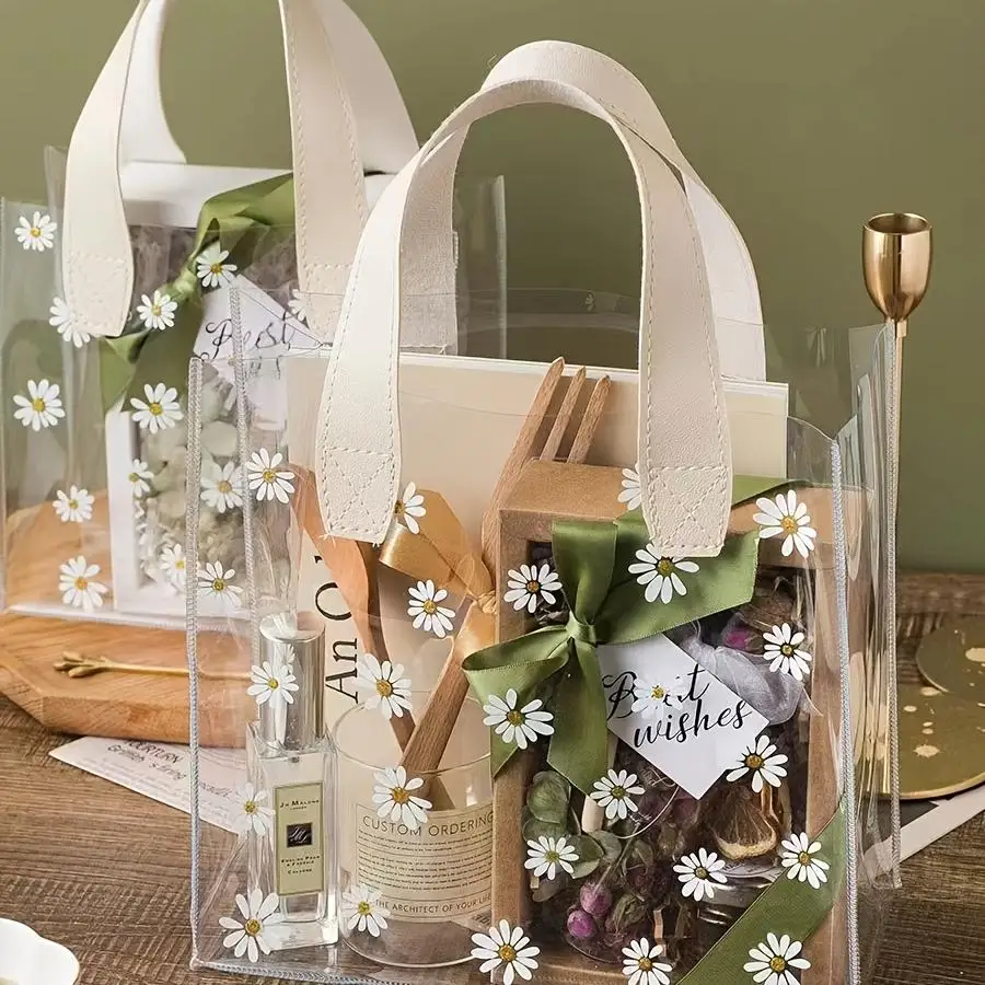 Petits sacs cadeaux marguerites en plastique transparent pliables réutilisables, 8 pièces, fourre-tout transparents pour pâques, noël, mariages, fêtes d'anniversaire