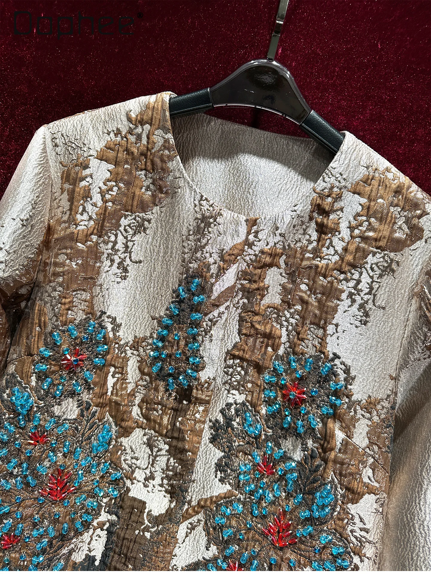 Luxurious Jacquard High-End Heavy Beading Mid-Length Coat Women Trench Coat Vintage Embroidered Single Breasted Jackets Autumn