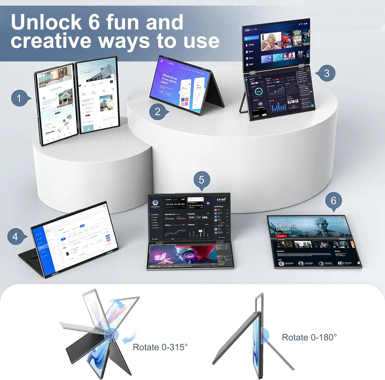 Moniteur Portable double 15.6 pouces, 1920x1080P FHD, réglable, double empilé, pliable, haut-parleurs intégrés, extension d'écran