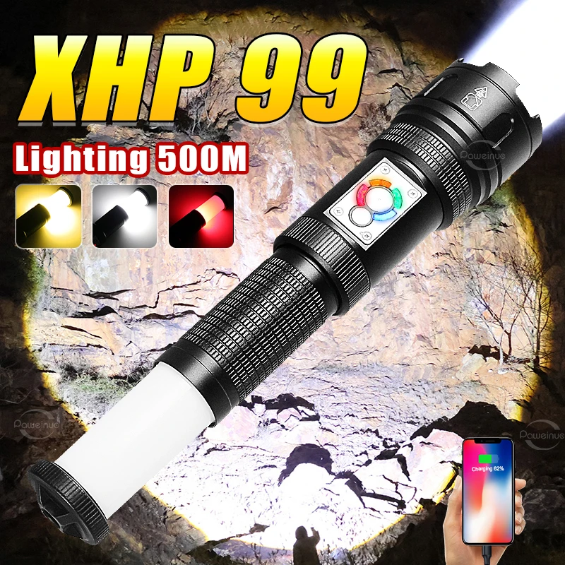 

Мощный фонарик XHP99LED с телескопическим зумом, 500 метров, перезаряжаемый светодиодный фонарь с COB-подсветкой для кемпинга, охоты, наружного освещения
