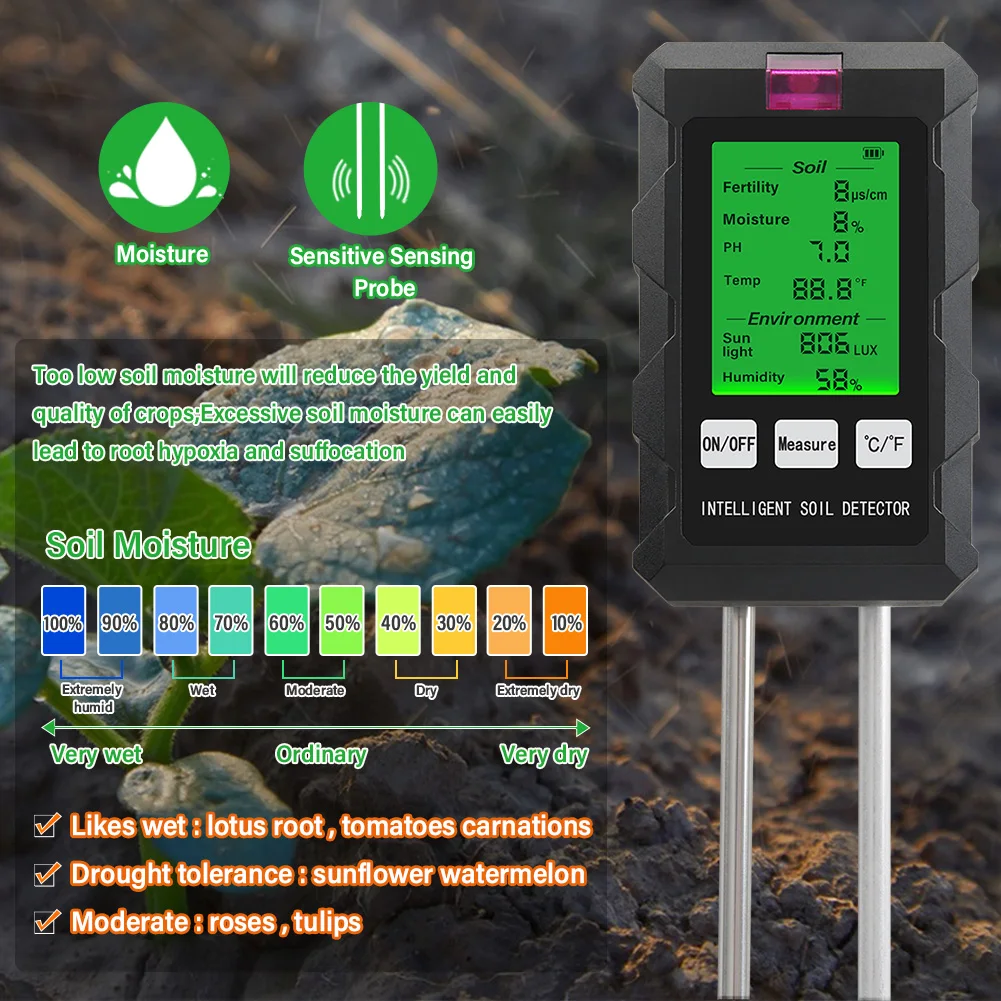 Medidor digital de ph do solo 6 em 1, fertilidade, umidade do solo, luz solar, umidade ambiente, testador de temperatura, detector de monitor,