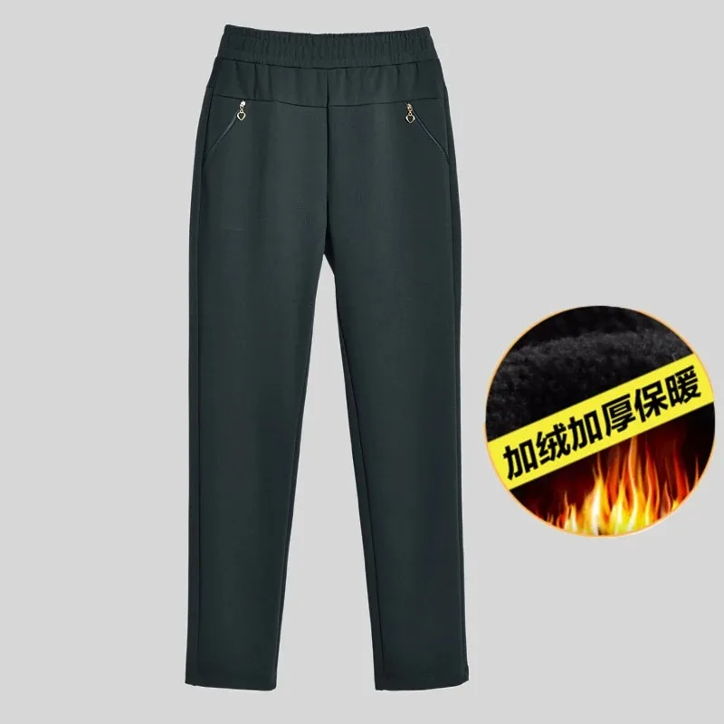 Women Autumn Winter High Waist Stretch Fleece Lined Pants Loose Straight Casual Trousers For Middle Aged Ladies
