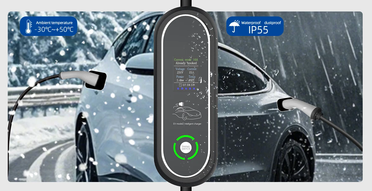 Typ 2 Tragbares EV-Ladegerät 5M 16A 3,5kW Einphasig Einstellbarer Strom Kabel Wandmontierte Ladestation – Detail 6