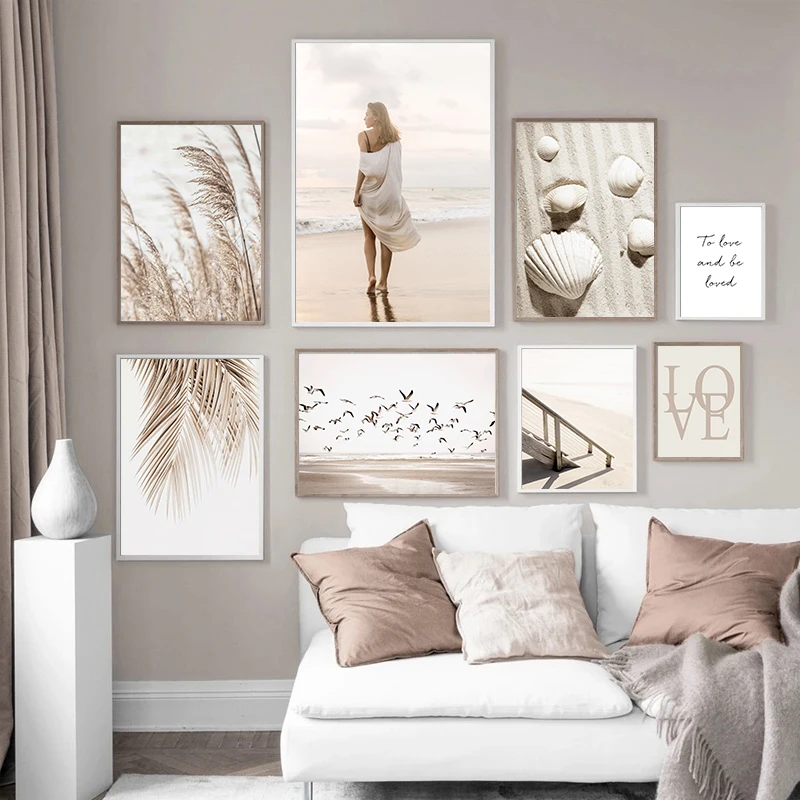 Beige Beach Girl Shell Nordic Canvas Wall Art Print Poster Landscape Leaf Reed Decor Painting Elegant Pictures for Living Room