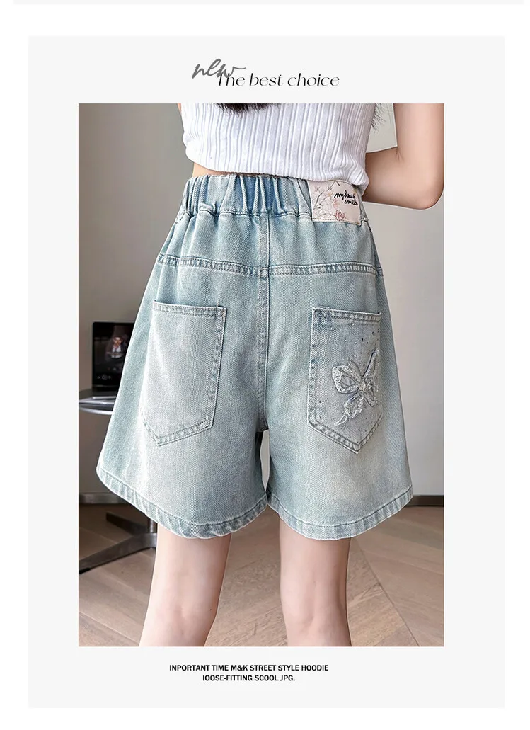 2026 Sommer Mädchen-Jeansshorts mit Schmetterlingsstickerei, Teenager-Shorts mit Elastischem Hohem Bund, Weite Beine, Lässige Streetwear für Kinder – Detail 7