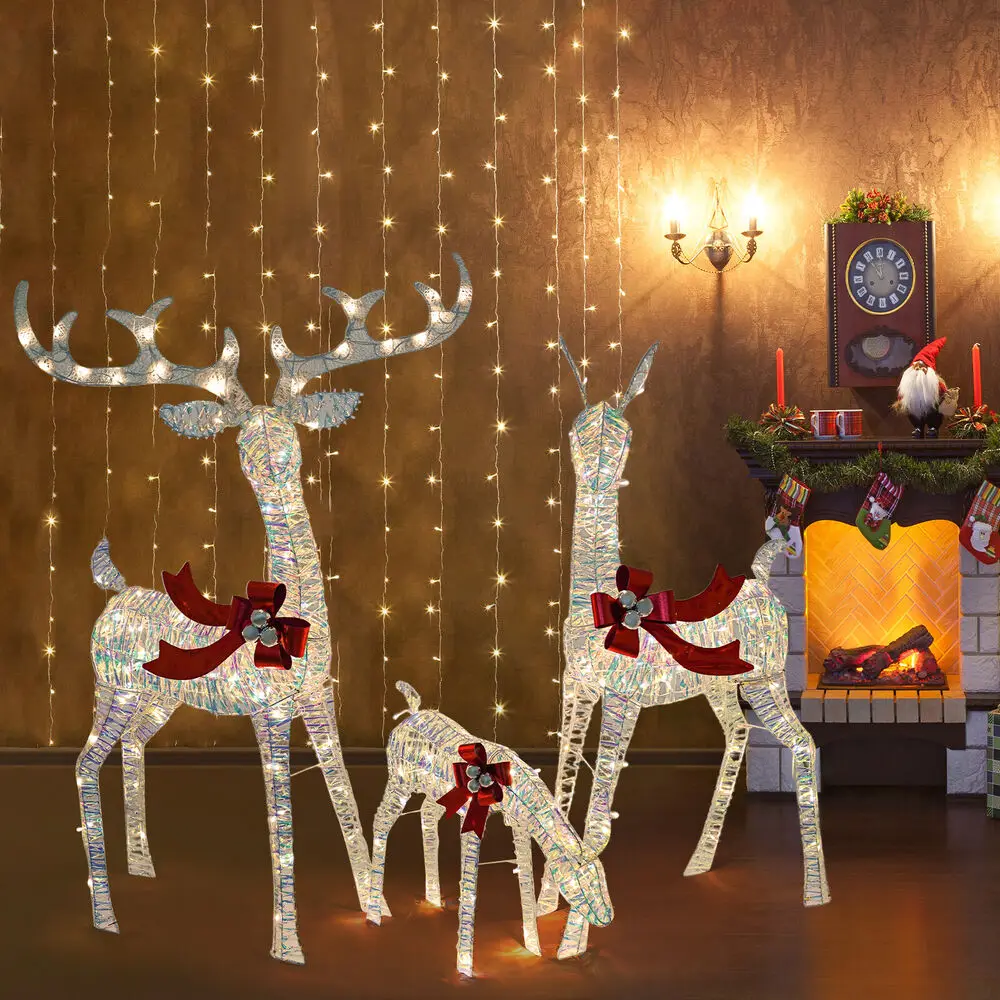 3-Piece Set Light-Up Deer with Red Bows Holiday Decoration Christmas Lighted Reindeer Decors ED Lights Xmas Decor