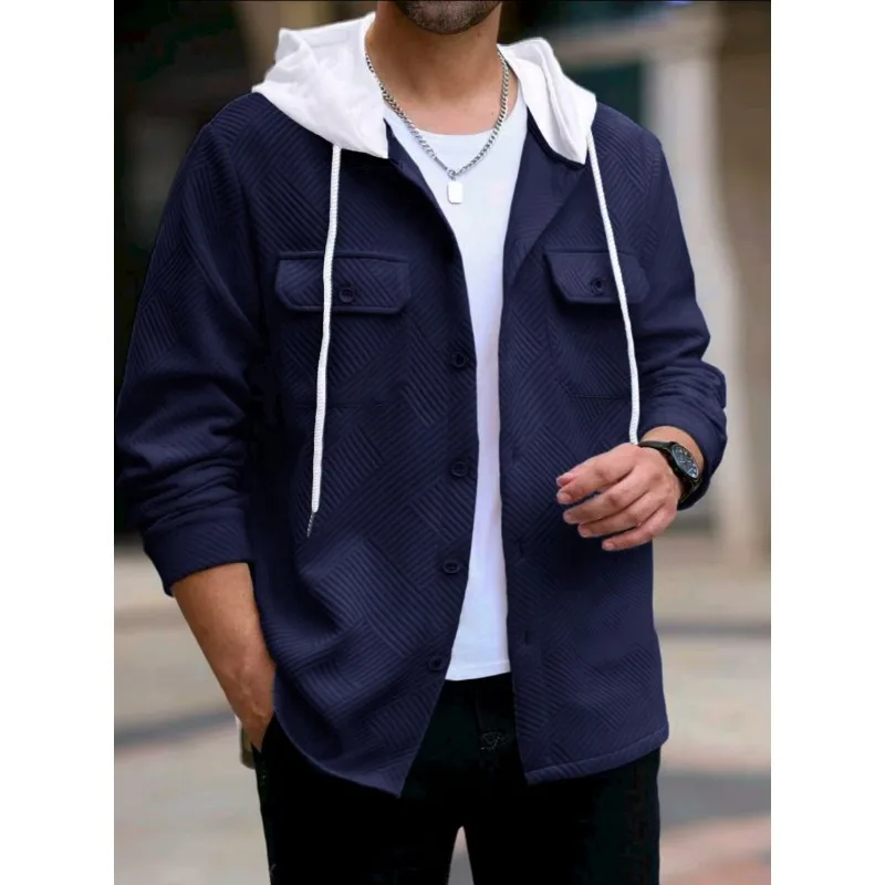 

Autumn and Winter Men's Casual Sports Color Block Hooded Sweatshirt Button Jacquard Pocket Jacket