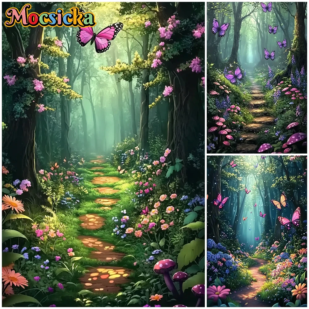 

Mocsicka Spring Photography Background Baby Birthday Party Green Forest Tree Flower Plant Butterfly Path Decor Shooting Backdrop