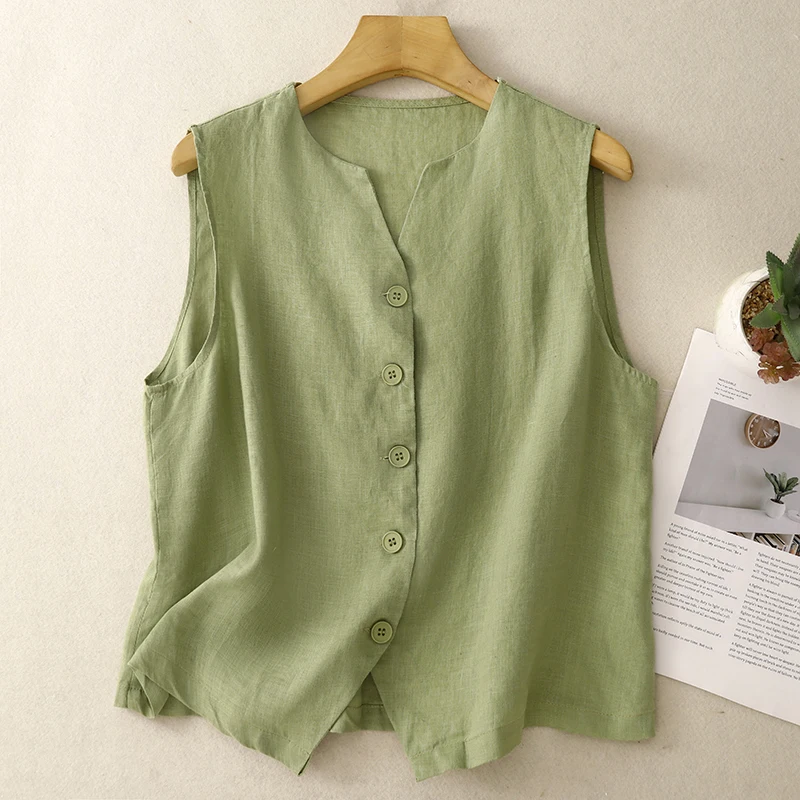 Women's Summer Split V-neck Button Front Sleeveless Cotton Linen Vest Coat Vintage Elegant Pink Green White Thin Tank Top Shirts
