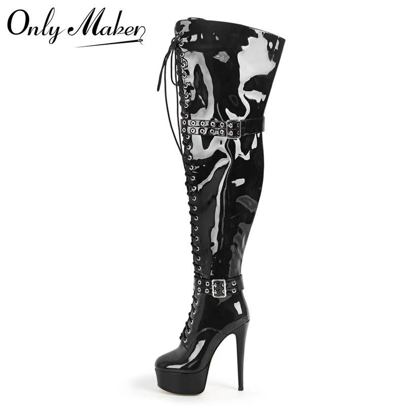 

Onlymaker Women Round Toe Platform Over The Knee Boots Buckle Side Zipper Sexy Party Dress Stiletto Thigh High Boots
